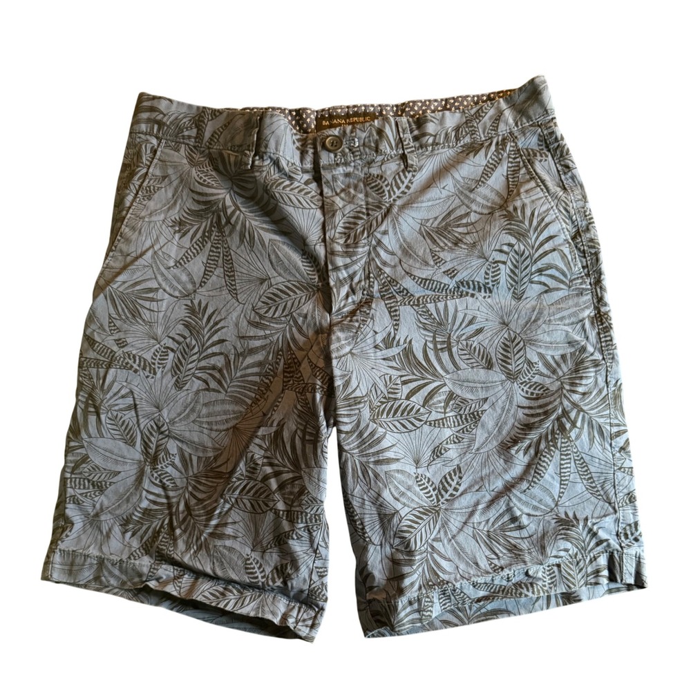 Banana Republic Aiden Short Mens 32 Blue Tropical Leaf Print Flat Front Chino